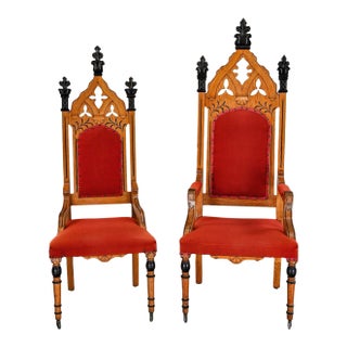 Late 19th to Early 20th Century Oak Gothic Revival Ecclesiastical His & Hers Throne Chairs a Pair For Sale