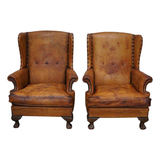 Dutch Cognac Leather Wingback Club Chairs, Set of 2 For Sale