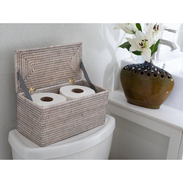 Artifacts White Wash Rattan Rectangular Double Tissue Roll Box With Lid For Sale - Image 4 of 5