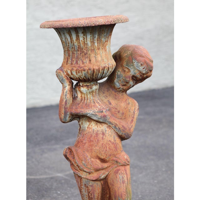 Antique Pair of Cast Iron Garden Statue Planters W/ Cherubs Holding