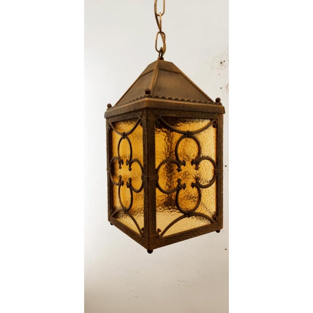 Brass Lantern Hanging Light in Amber Glass For Sale - Image 12 of 14