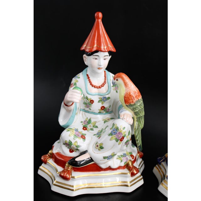 1970s VTG Pair of Chelsea House Chinoiserie Figures Meissen Style Monkey Parrot For Sale - Image 5 of 11