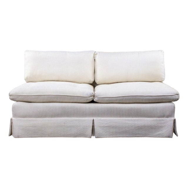 Late 20th Century MCM to Modern Slipper Style Loveseat or Armless Sofa Off White Textured Stripe Upholstery For Sale