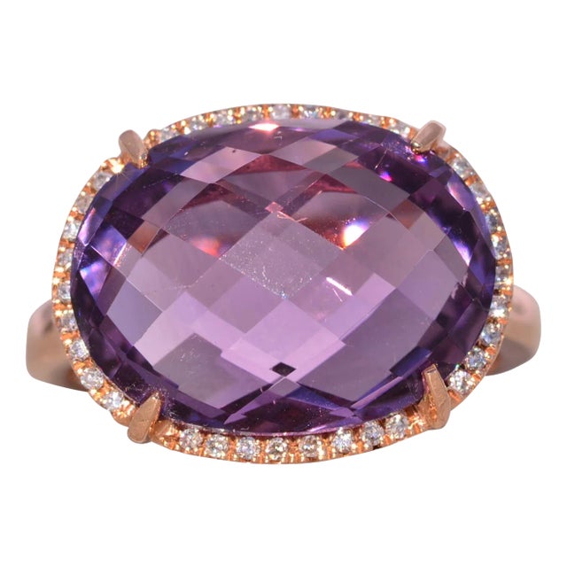 The Nelle: Checkerboard Cut Natural Amethyst and Diamond Halo Ring in Rose Gold For Sale