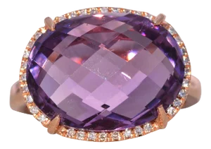 The Nelle: Checkerboard Cut Natural Amethyst and Diamond Halo Ring in Rose Gold