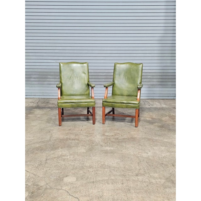 Late 20th Century Pair of Alma Mahogany Armchairs Green Leather Fabric Made in North Carolina For Sale In Cleveland - Image 6 of 11