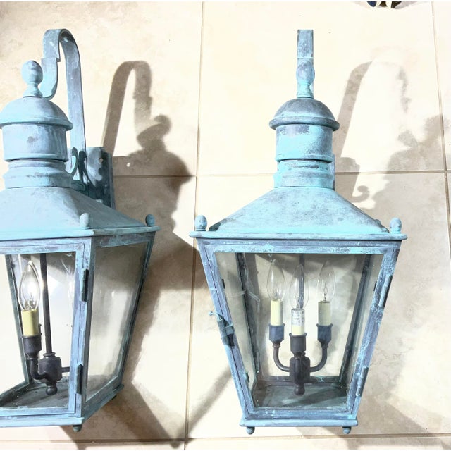 American Large Pair of Vintage Solid Brass Wall Lanterns - 12”x 12”x 24” For Sale - Image 3 of 15