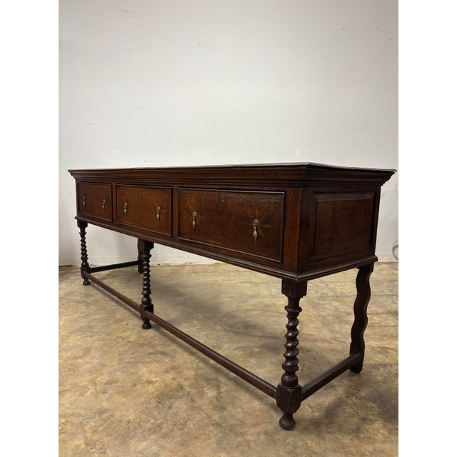 Antique English Oak Sideboard With Inlay Design and Barley Twist Legs For Sale - Image 9 of 9