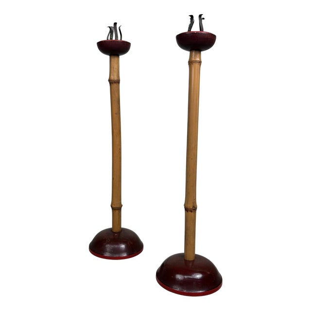 Japanese Candlesticks in Lacquer and Bamboo, 1920s, Set of 2 For Sale