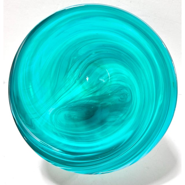 Large Hand-Blown Turquoise Swirl Art Glass Bowl or Cachepot For Sale - Image 4 of 8