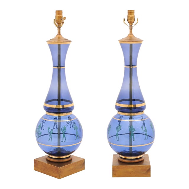 Immaculate Pair of Cobalt Eglomise Hourglass Lamps - 1960s Marbro Lamp Co. For Sale