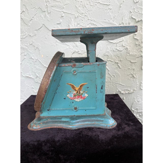 American Antique 1906 Triner “Perfection” Family Kitchen Scale in Original Aqua Paint For Sale - Image 3 of 12