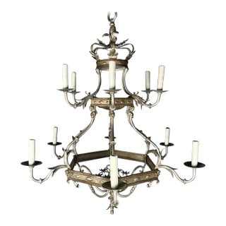 1930s Monumental Two-Tiered 12-Light Silvered Chandelier W/ Crown For Sale