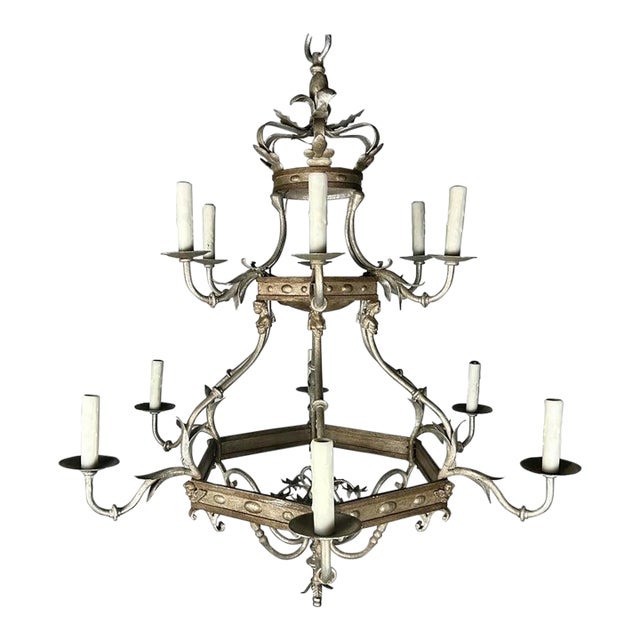 1930s Monumental Two-Tiered 12-Light Silvered Chandelier W/ Crown For Sale