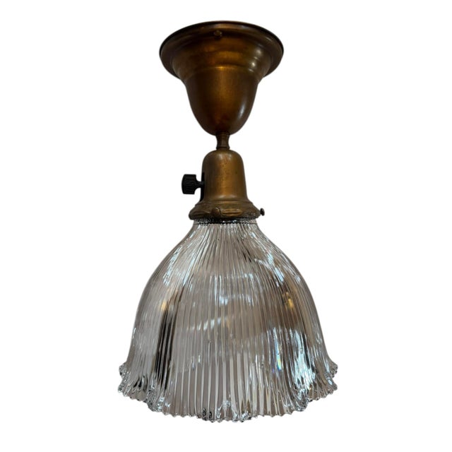 American 1920s Americana Fluted Halophane Shade Flushmount Light Fixture For Sale - Image 3 of 12