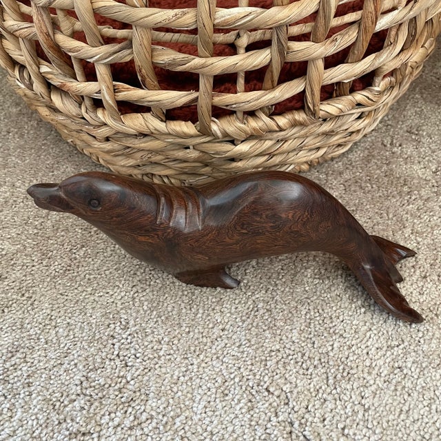 Vintage Hand-Carved Iron Wood Sea Lion Mid-Century Modern Carving Animal Coastal For Sale - Image 6 of 8