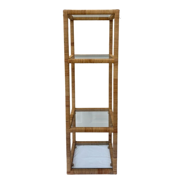 Boho Chic Wrapped Split Rattan Wicker and Glass Etagere For Sale