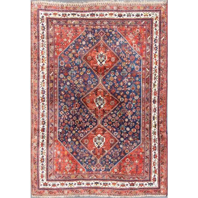 Early 20th Century Antique Persian Shiraz Rug With Tri-Medallion Geometrics in Royal Blue and Red For Sale - Image 13 of 13