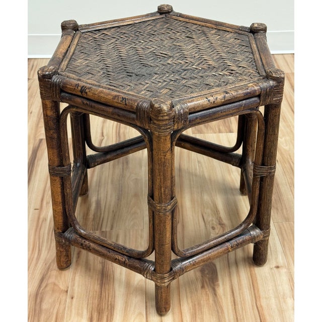 Vintage Hexagonal Rattan and Woven Wicker Side Table For Sale In Kansas City - Image 6 of 7