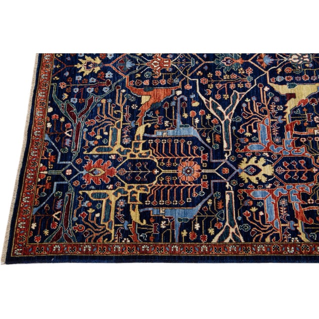 Modern Bidjar Style Handmade Dark Blue Wool Rug With Allover Motif For Sale - Image 4 of 7