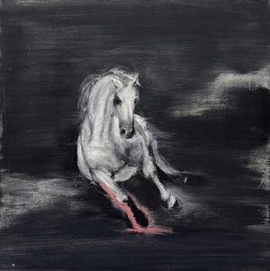 Too Bright or Too Dark, The Effect is the Same by Michael Dowling | Oil, Charcoal on Canvas Horse in motion against a dark background.