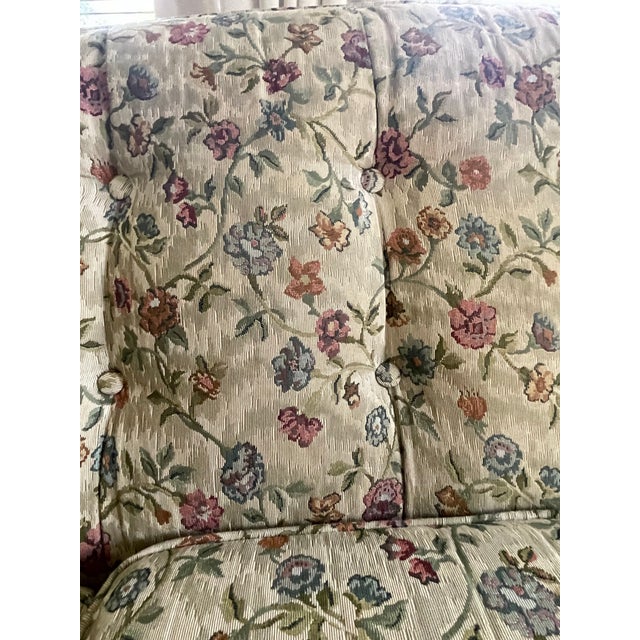 Mauve Vintage Traditional Floral Sofa With Exposed Wood Frame – Reupholstered For Sale - Image 8 of 12