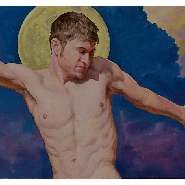In "Holding Back the Moon," a figure is poised dramatically against a backdrop of swirling clouds illuminated by a...