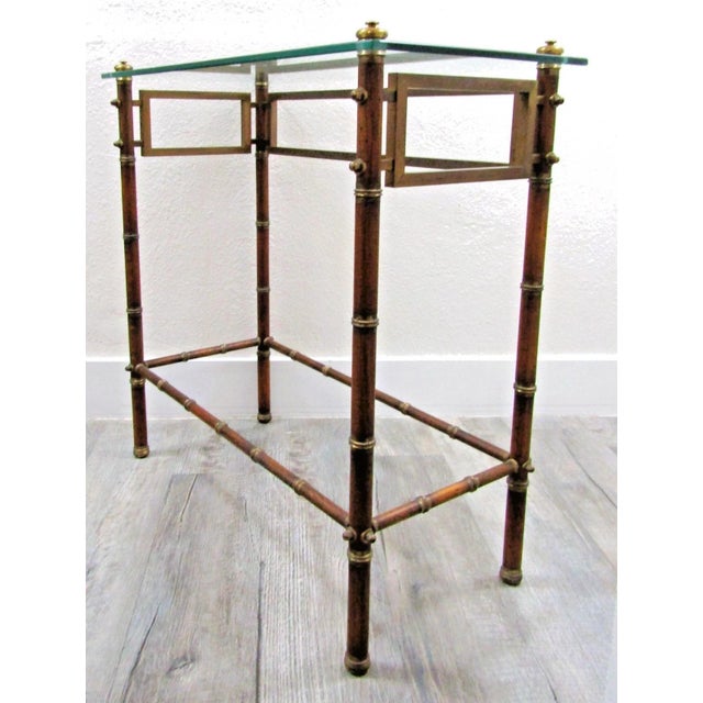 1950s Mid-Century French Glass Top Faux Bamboo Wood and Brass Side Table Attributed to Maison Baguès For Sale - Image 5 of 18