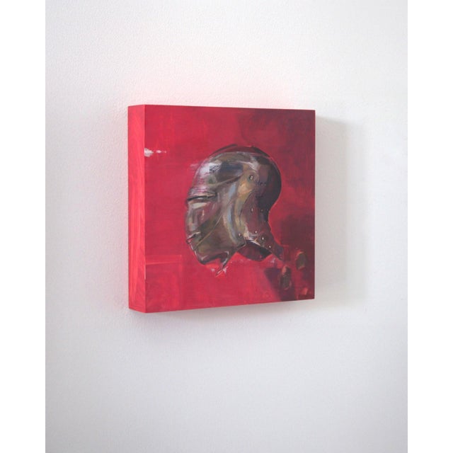 Contemporary Iron Man Exists by Elena Burykina | Oil on panel Portrait of a metallic helmet on a red background. For Sale - Image 3 of 5