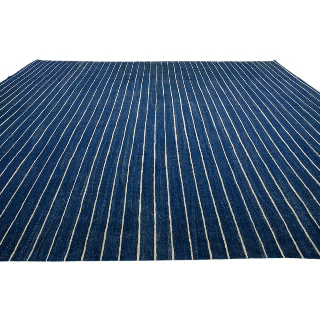 2020s Modern Kilim Flat-Weave Navy Blue Oversize Wool Rug With Stripe Pattern For Sale - Image 5 of 10