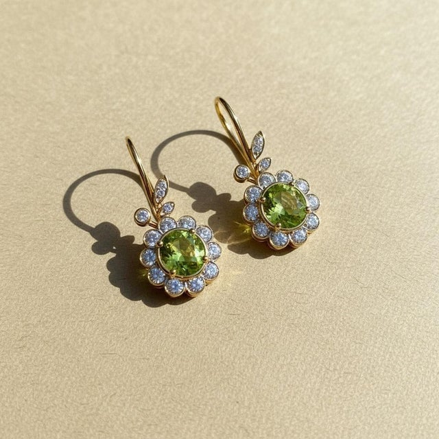 Metal Art Nouveau Peridot Flower and Leaf Drop Earrings, Silver, Gold, Pair For Sale - Image 7 of 7