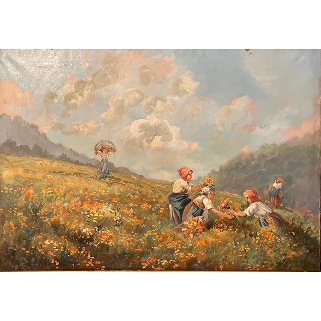 Oil on canvas, signed De Carlis, country scene, 20th century Delicate depiction of a country scene, peasant women picking...
