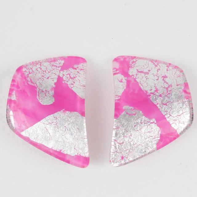 Anne and Frank Vigneri Pink and Silver Foil Resin Clip Earrings For Sale - Image 4 of 6