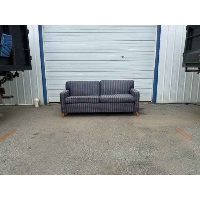 Blue Vintage Mid Century Modern Dunbar Style Low Profile Sofa on Splayed Wood Legs 73” For Sale - Image 8 of 12