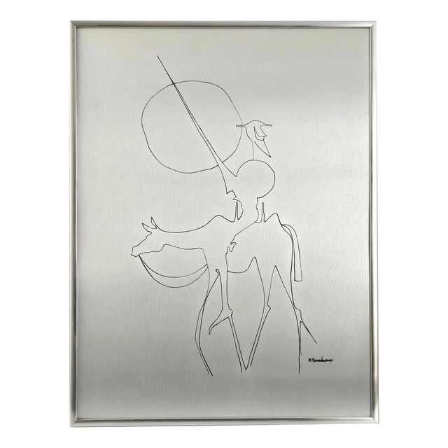 Vintage Don Quixote Painting in Brushed Aluminium, 1970s For Sale