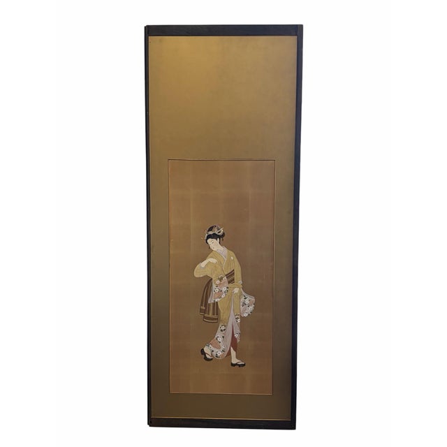 This striking, large vintage Japanese wall panel showcases an elegant bijinga (portrait of a beautiful woman) beautifully...