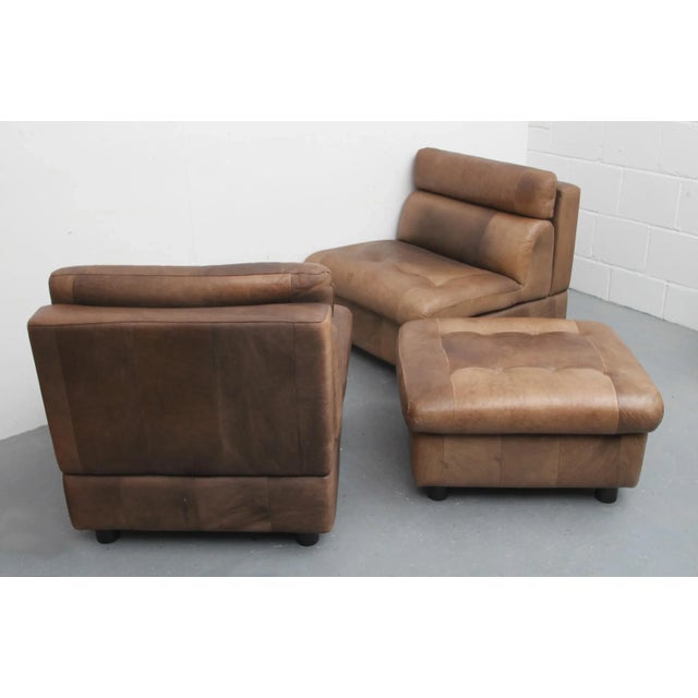 Brown Brown Leather Patchwork Lounge Chairs and Stool, 1970s, Set of 3 For Sale - Image 8 of 15