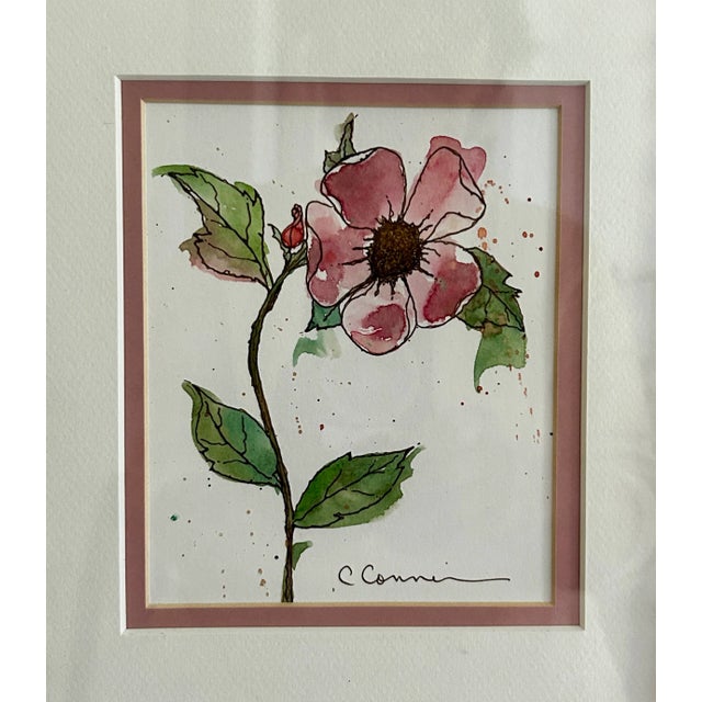Art Deco Original Watercolor Painting in Wicker Frame Pink Flower For Sale - Image 3 of 7