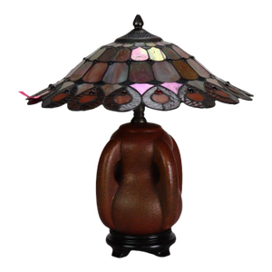 Early 20th Century Arts & Crafts Leaded Stained Glass Table Lamp With Pottery Base