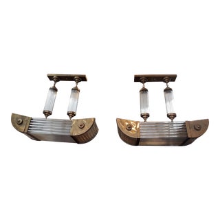 Vintage Art Deco Brass & Glass Rod Ship Shape Skyscraper Chandeliers - a Pair For Sale