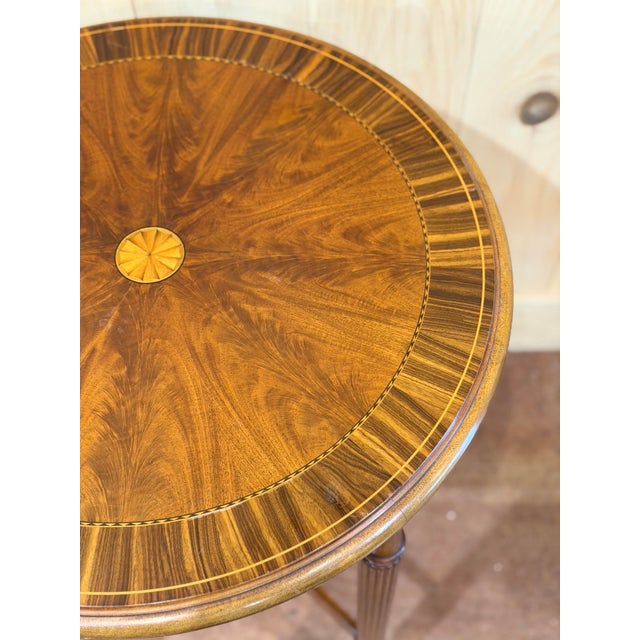 Vintage English Style Inlaid Mahogany Round Center Table With Radial Veneer For Sale In New York - Image 6 of 8