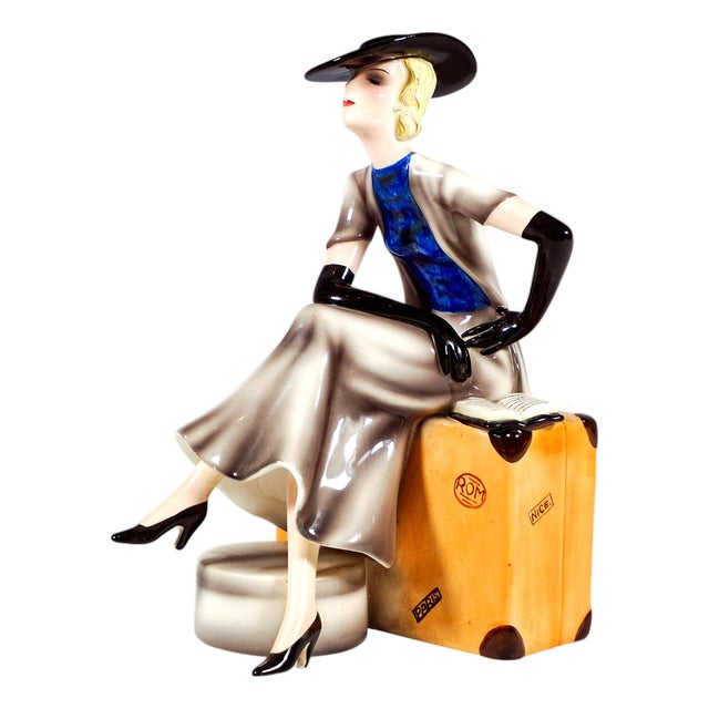 Goldscheider Vienna Lady Sitting on Suitcase by Stephan Dakon, 1930s For Sale