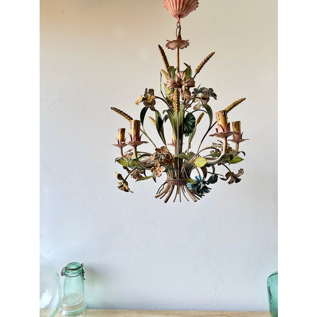 French Polychrome Floral and Wheat Tole 5-Light Chandelier, 1960s For Sale - Image 6 of 18
