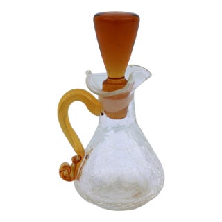 Mid-Century Crackle Hand Blown Ruffled Spout Glass Cruet With Amber Stopper For Sale
