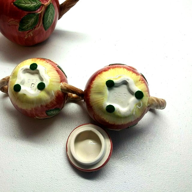 1980s Vintage Fitz & Floyd Porcelain Red Apple Hand Painted Teapot Cream & Sugar Set- 3 Pieces For Sale - Image 5 of 8