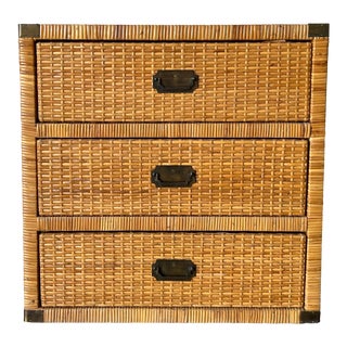 1970's Vintage Bielecky Brothers - Campaign Style Rattan Wrapped Nightstand For Sale