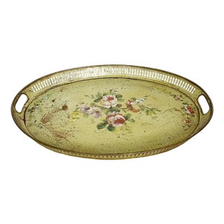 Hand-Painted Green Metal Tray, France, 1800s For Sale