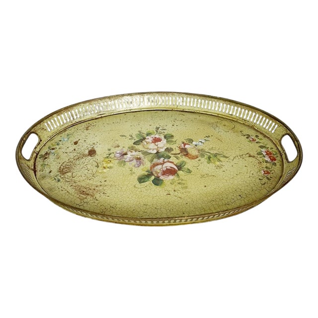Hand-Painted Green Metal Tray, France, 1800s For Sale
