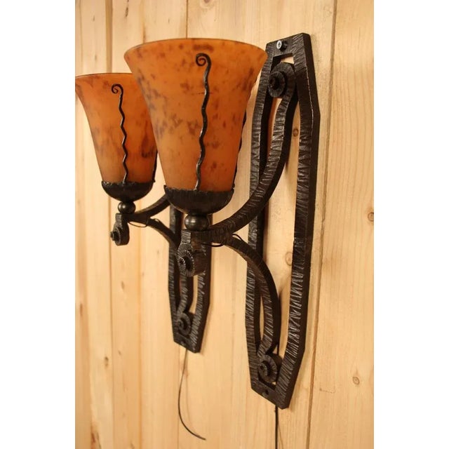 Vintage Art Deco Wall Lights in Wrought Iron, 1930s, Set of 2 For Sale - Image 4 of 8