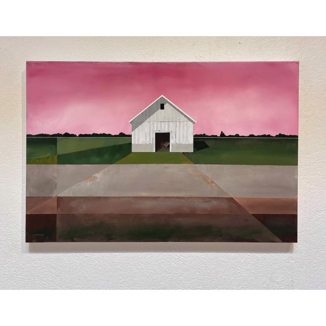 "Alizarine Sky" is an acrylic on canvas landscape painting by Justin Wheatley, completed in 2025. A white clapboard barn...